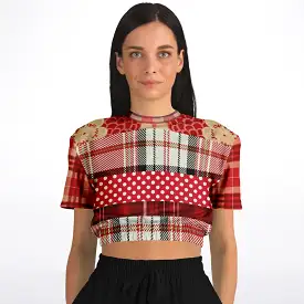 Jersey Salsa Red Plaid Short Sleeve Cropped Eco-Poly Sweater