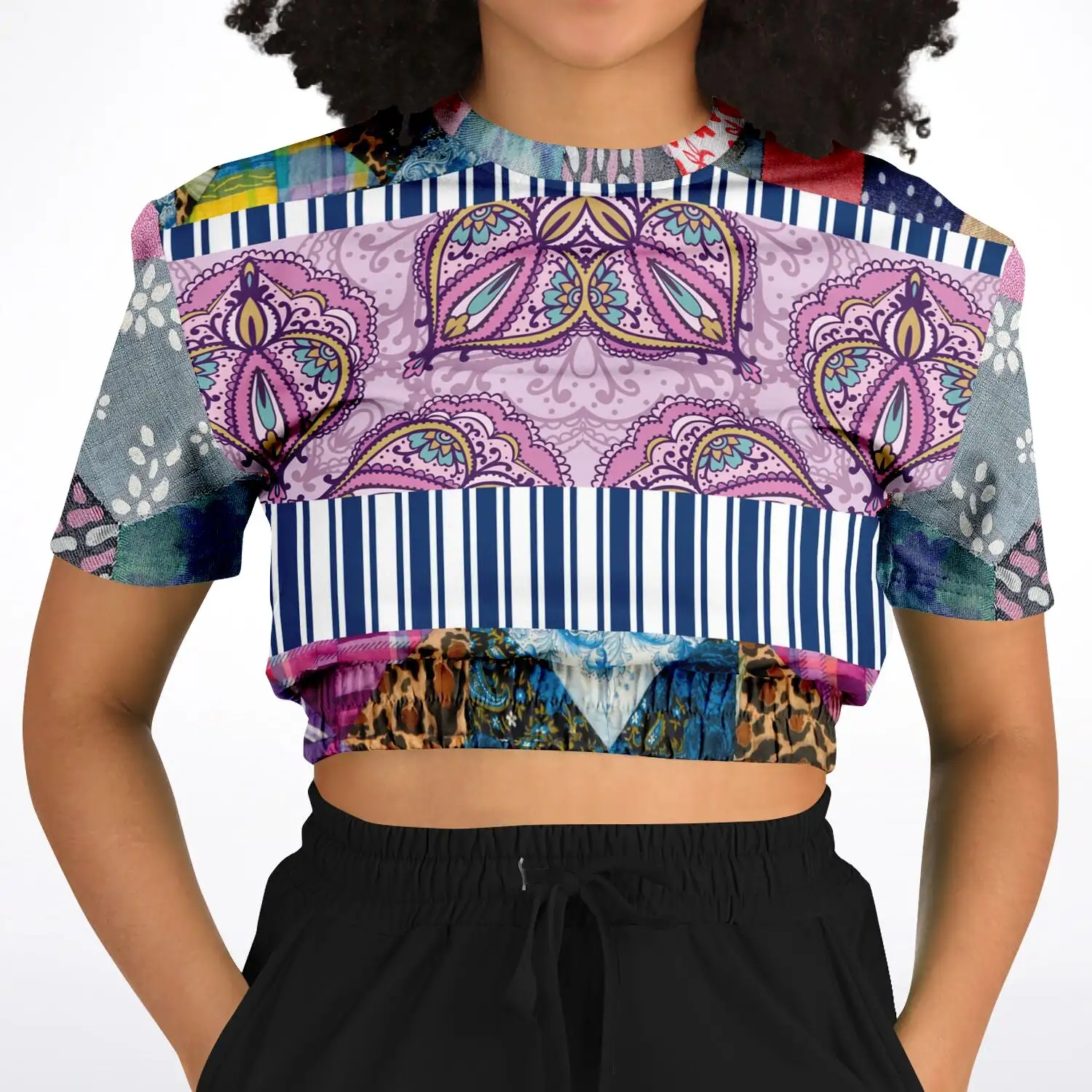 Juxtapose Patchwork Quilt Short Sleeve Cropped Eco-Poly Sweater