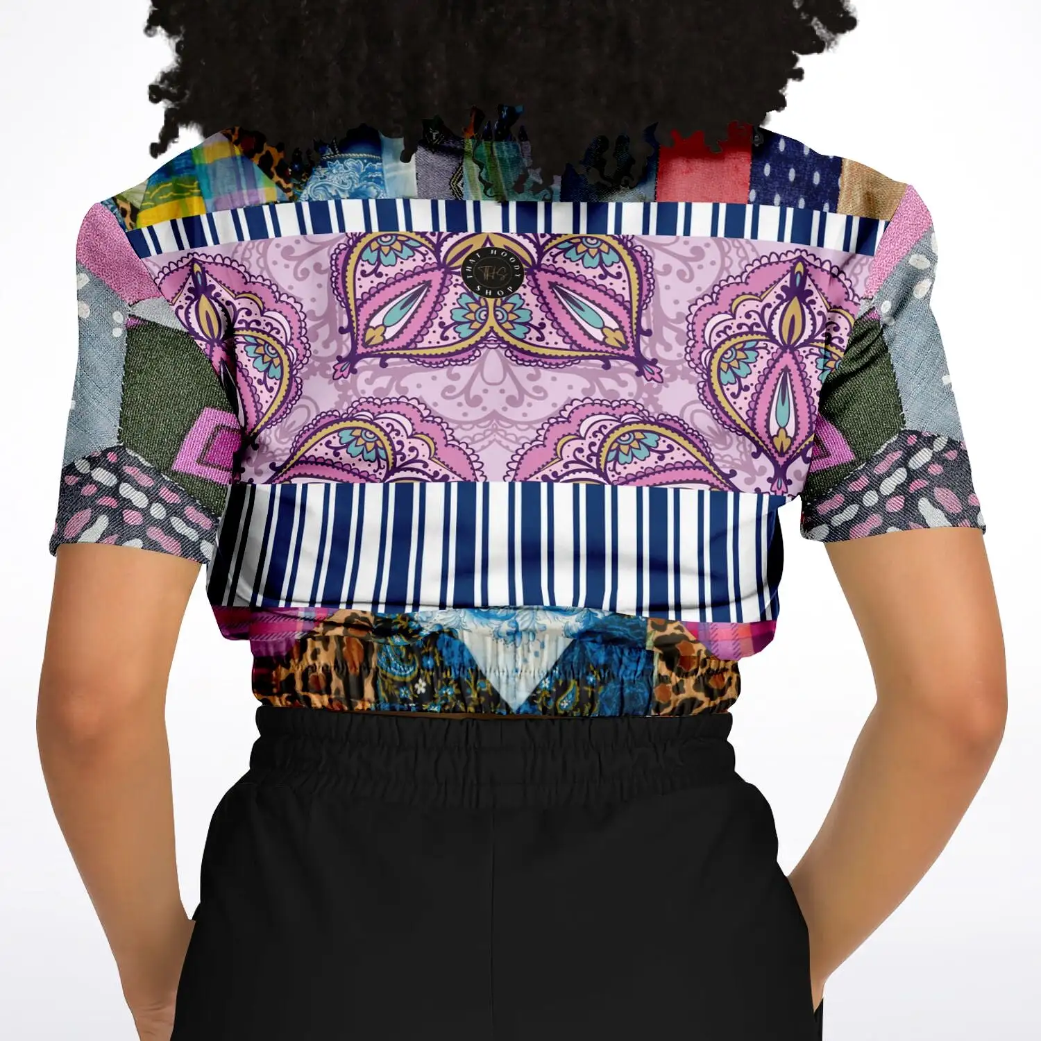 Juxtapose Patchwork Quilt Short Sleeve Cropped Eco-Poly Sweater