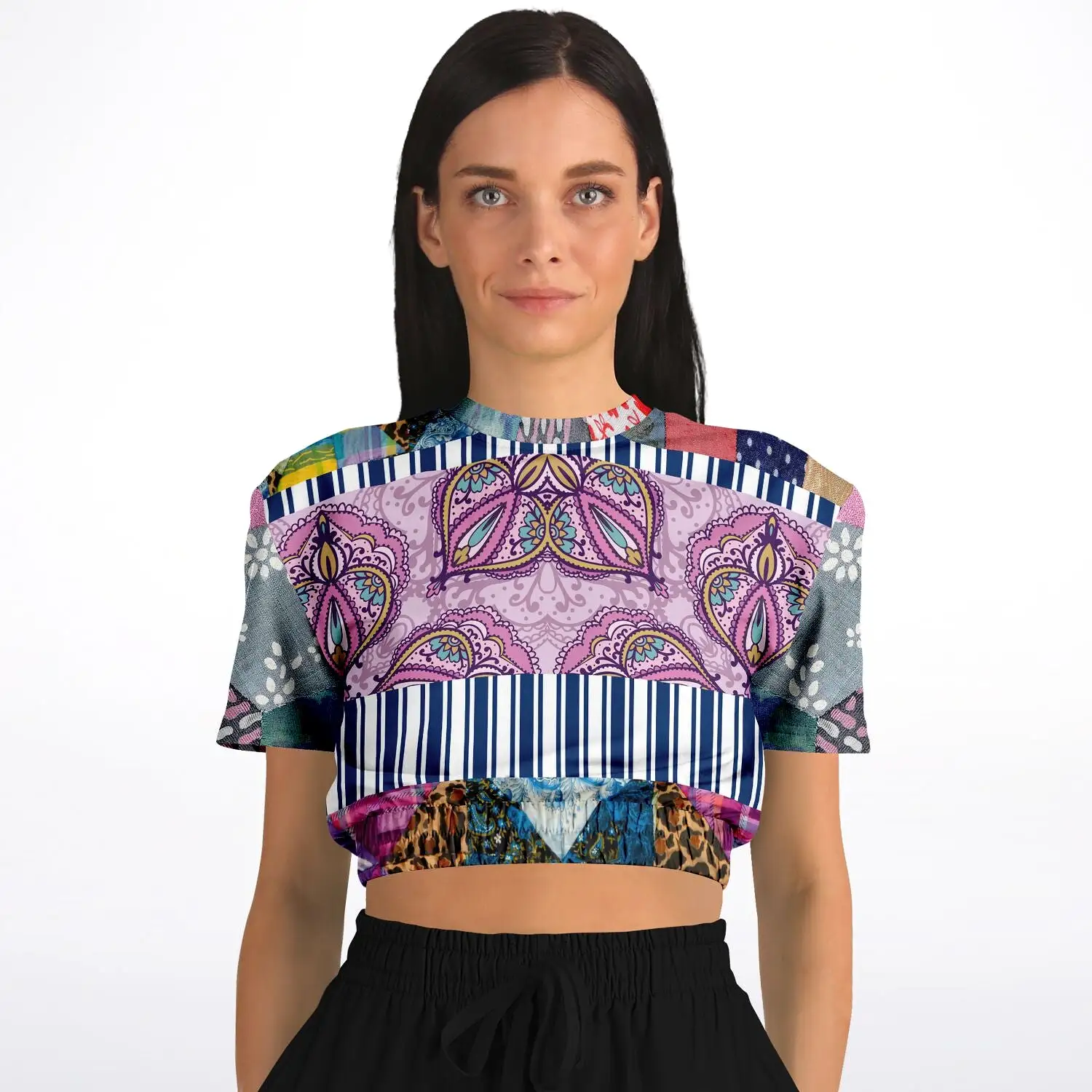 Juxtapose Patchwork Quilt Short Sleeve Cropped Eco-Poly Sweater