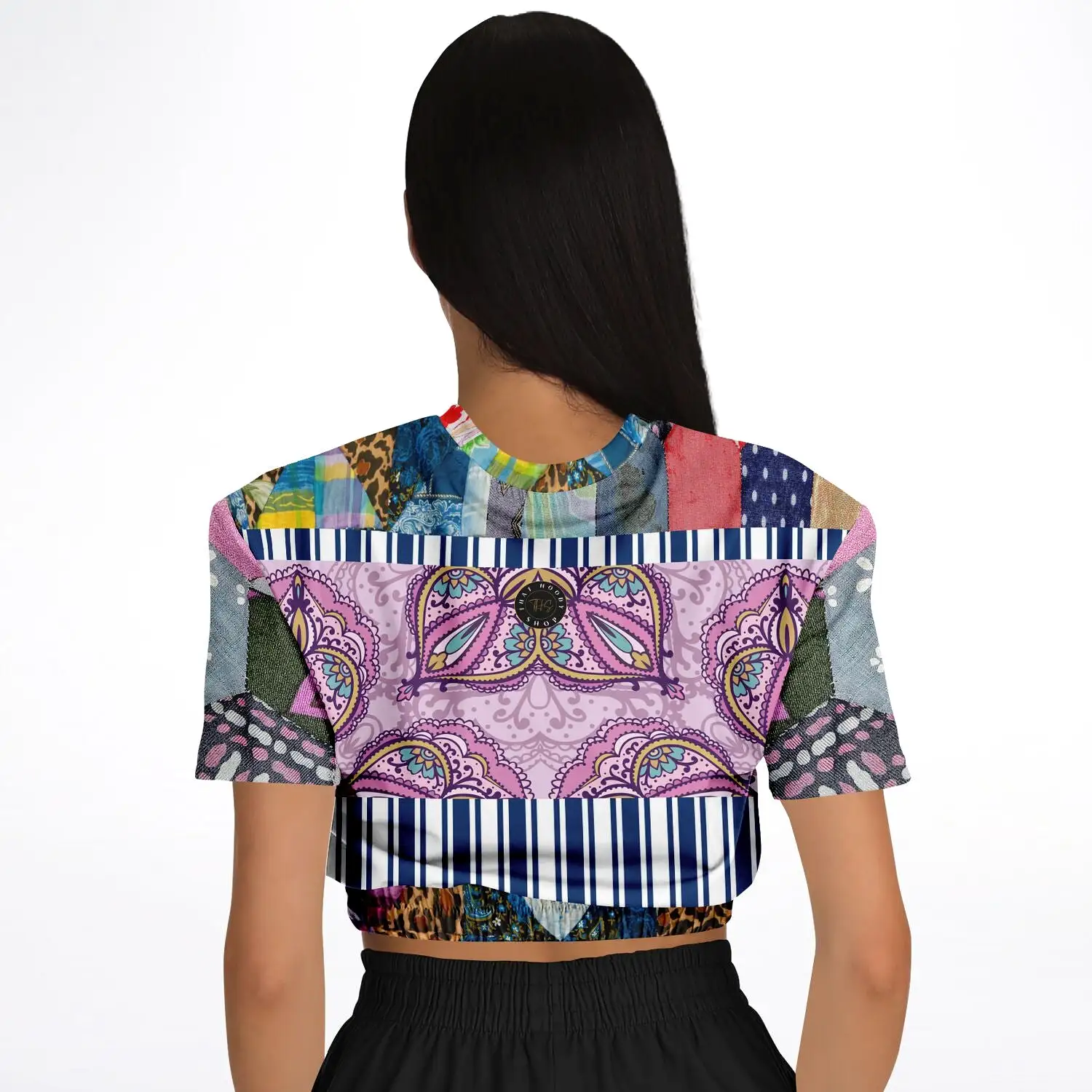 Juxtapose Patchwork Quilt Short Sleeve Cropped Eco-Poly Sweater