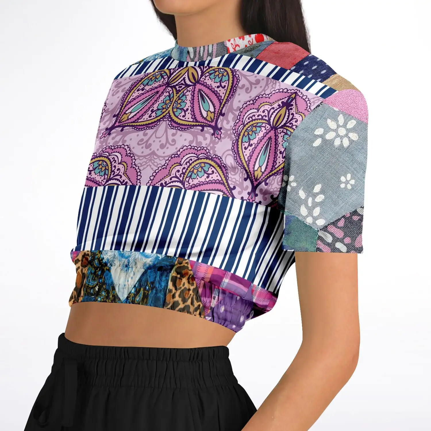 Juxtapose Patchwork Quilt Short Sleeve Cropped Eco-Poly Sweater