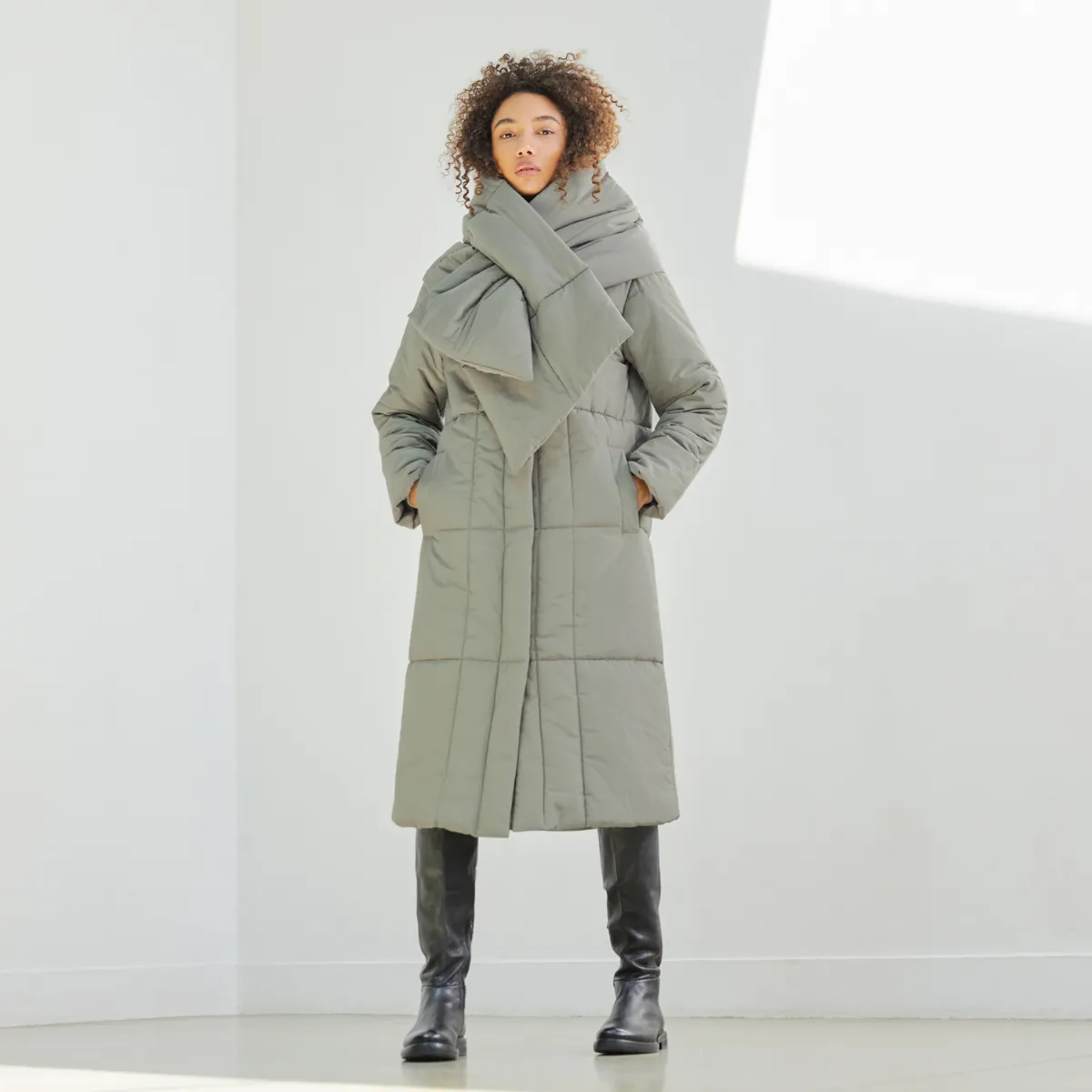 Khaki Scarf Padded Coat