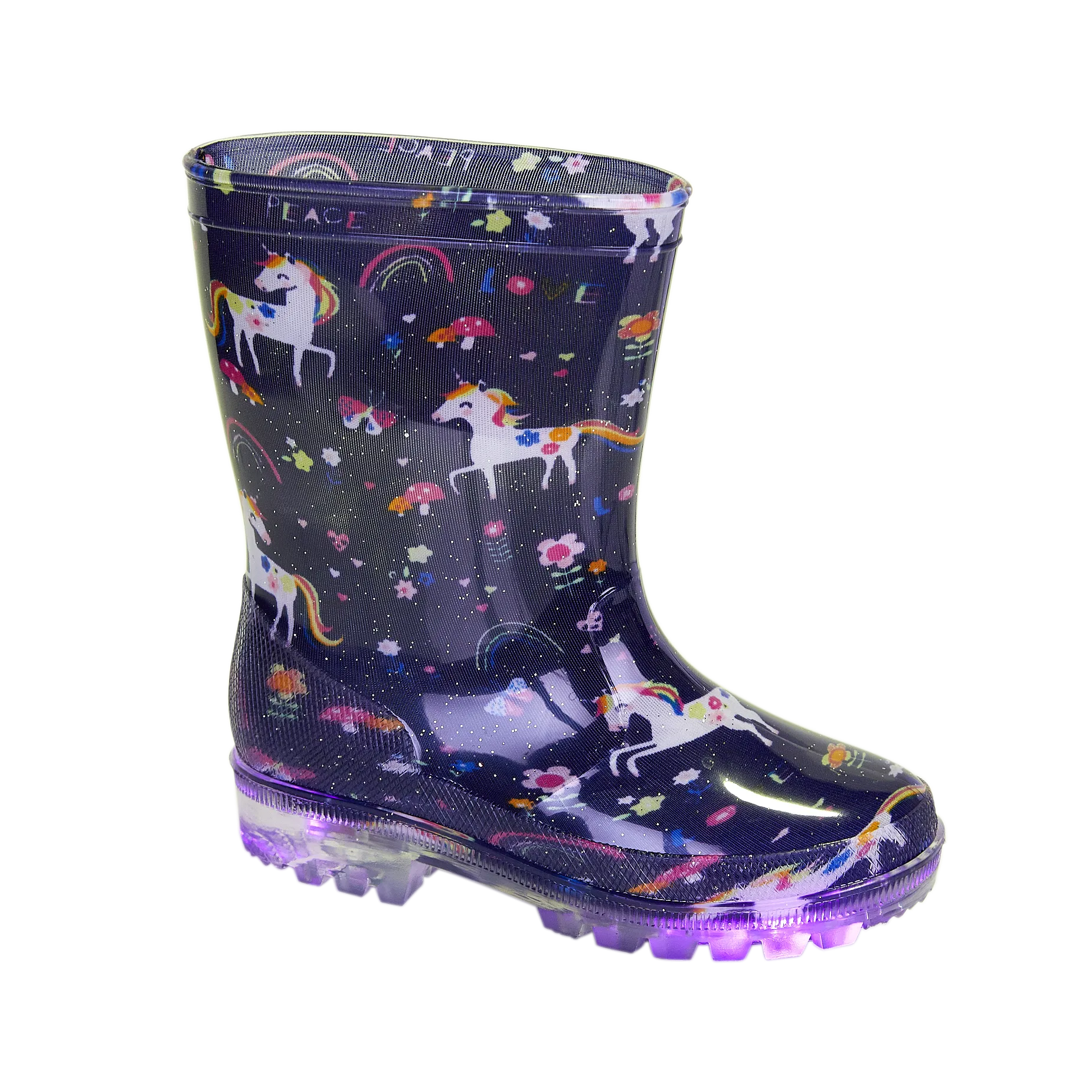 Kids Wellington Welly Boots Mystic Navy Light Up Unicorn Girls 8-2