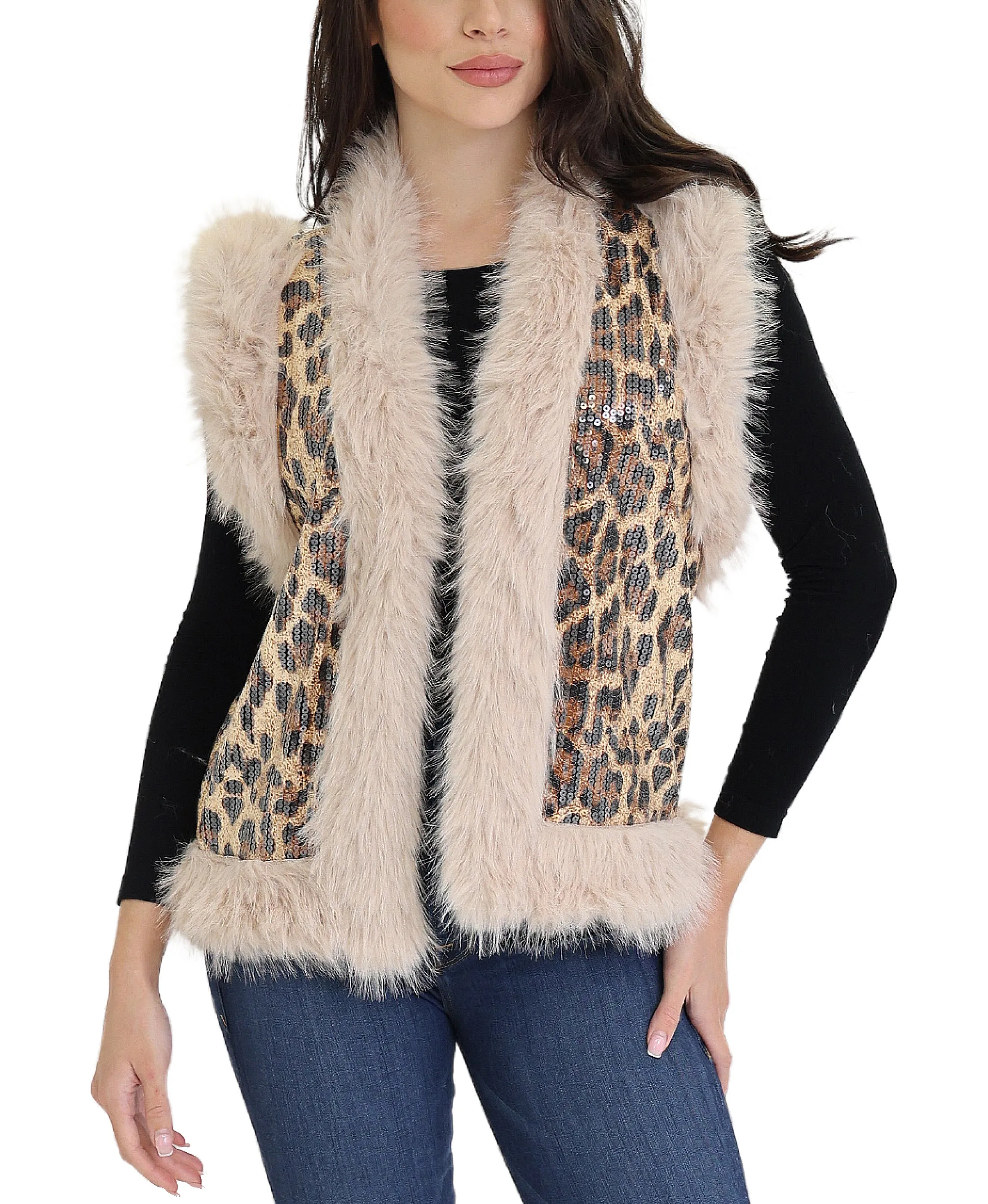 Leopard & Sequin Sweater Vest w/ Faux Fur Trim