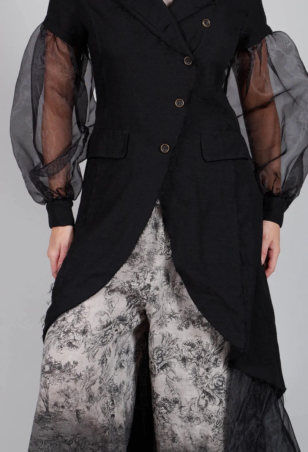 Longline Coat with Organza Sleeves in Nero