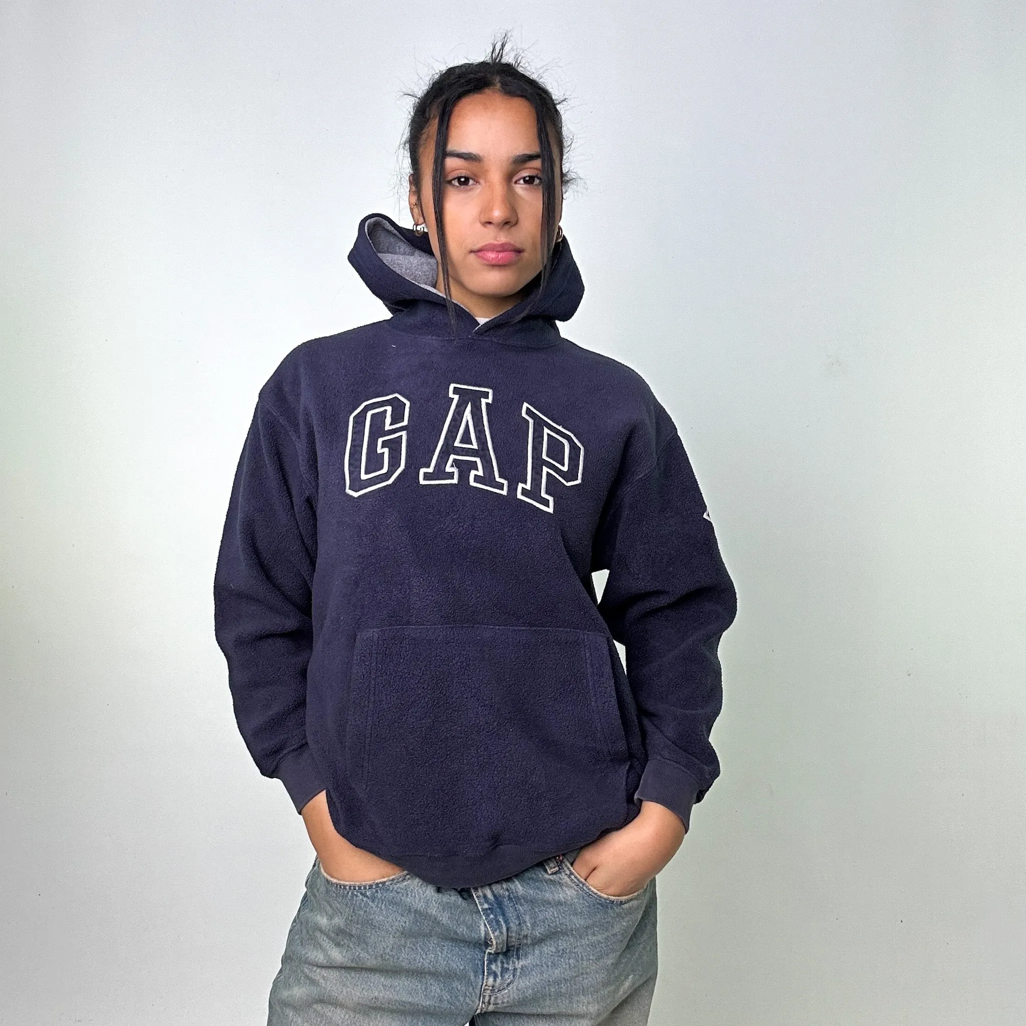 Navy Blue 90s GAP Spellout Fleece Hoodie Sweatshirt (M)