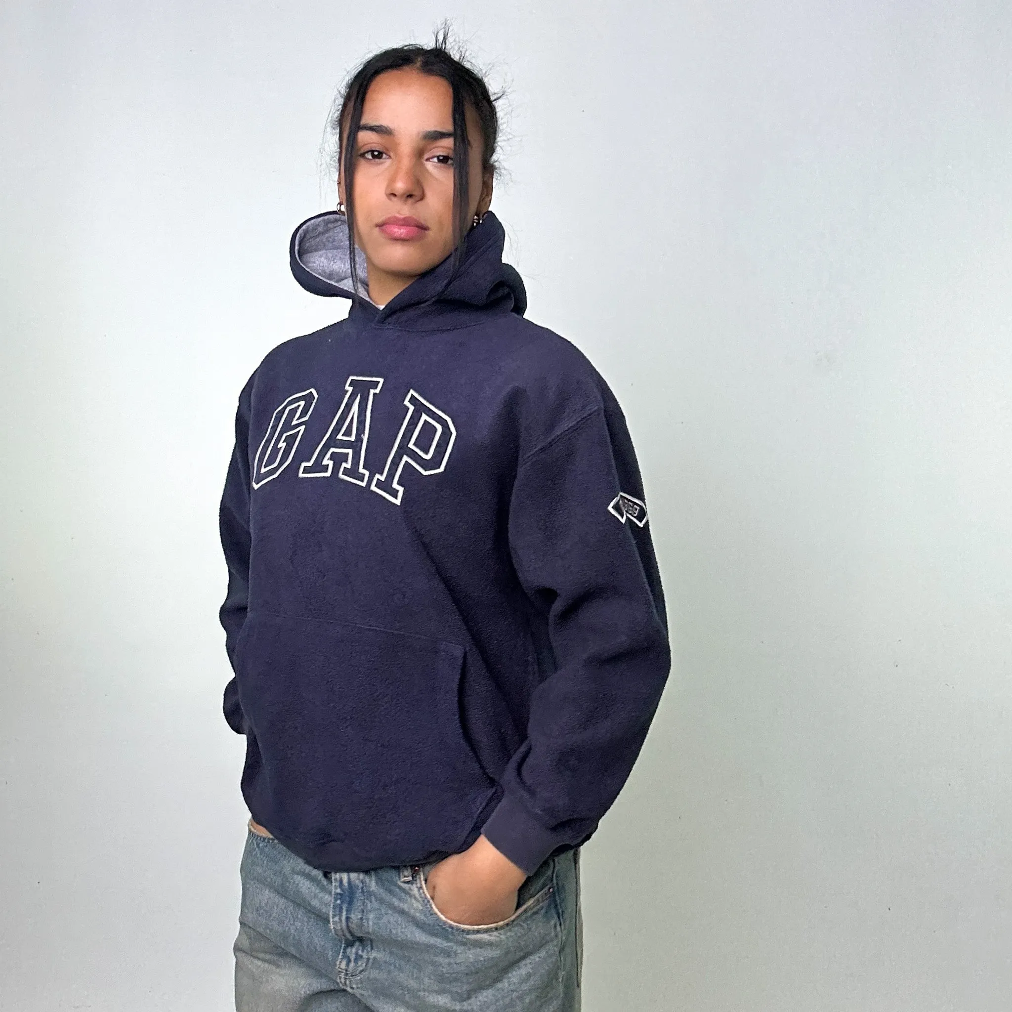 Navy Blue 90s GAP Spellout Fleece Hoodie Sweatshirt (M)