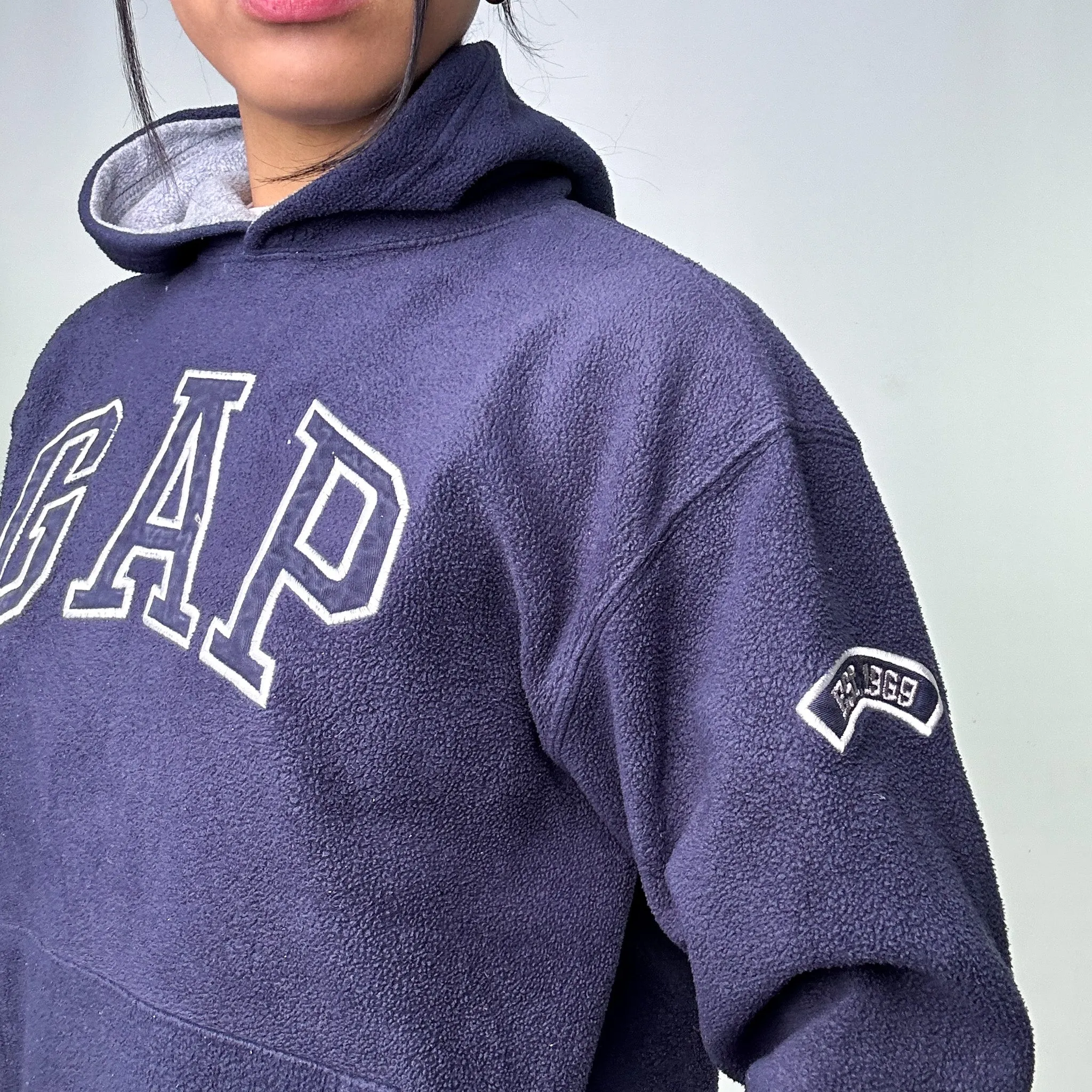 Navy Blue 90s GAP Spellout Fleece Hoodie Sweatshirt (M)