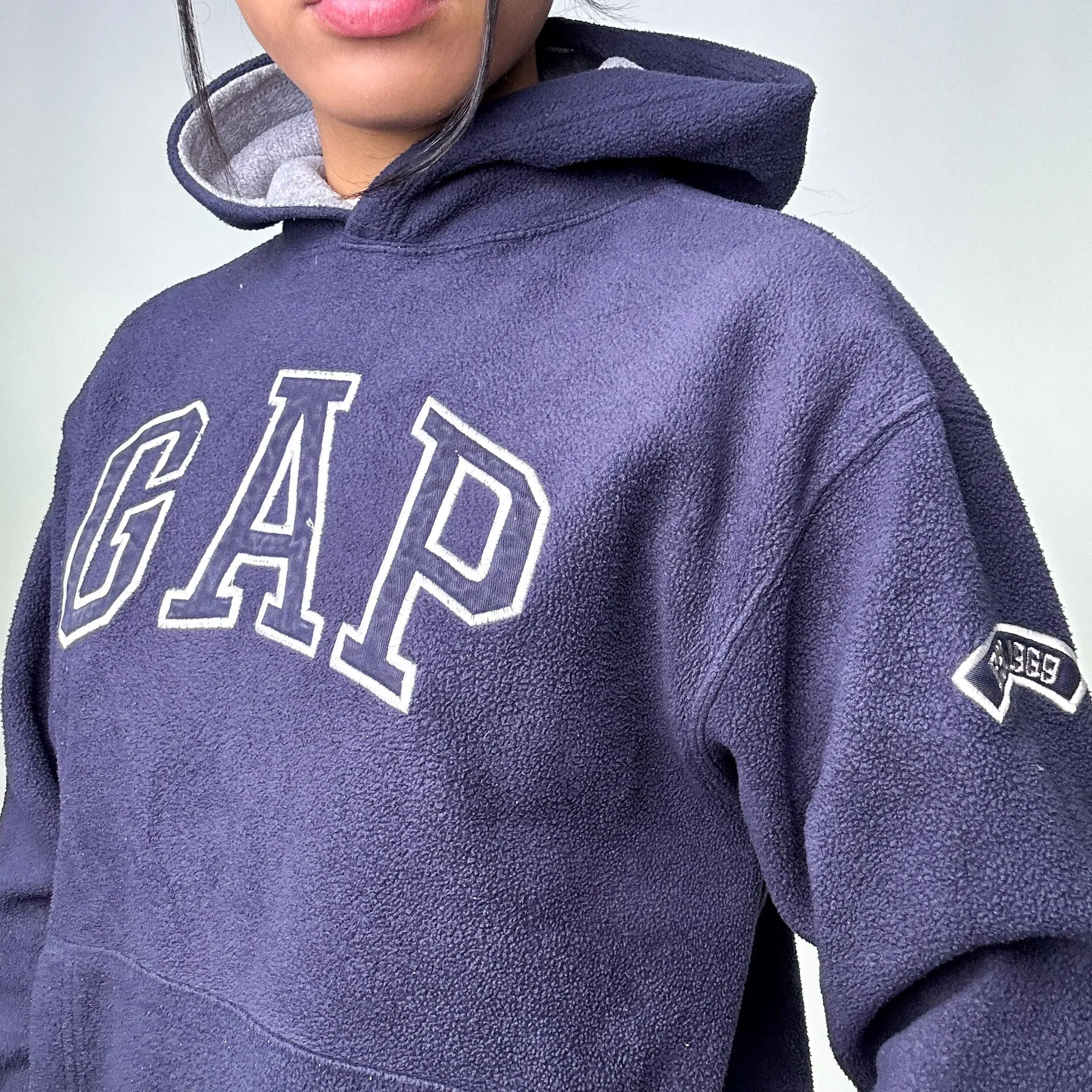 Navy Blue 90s GAP Spellout Fleece Hoodie Sweatshirt (M)