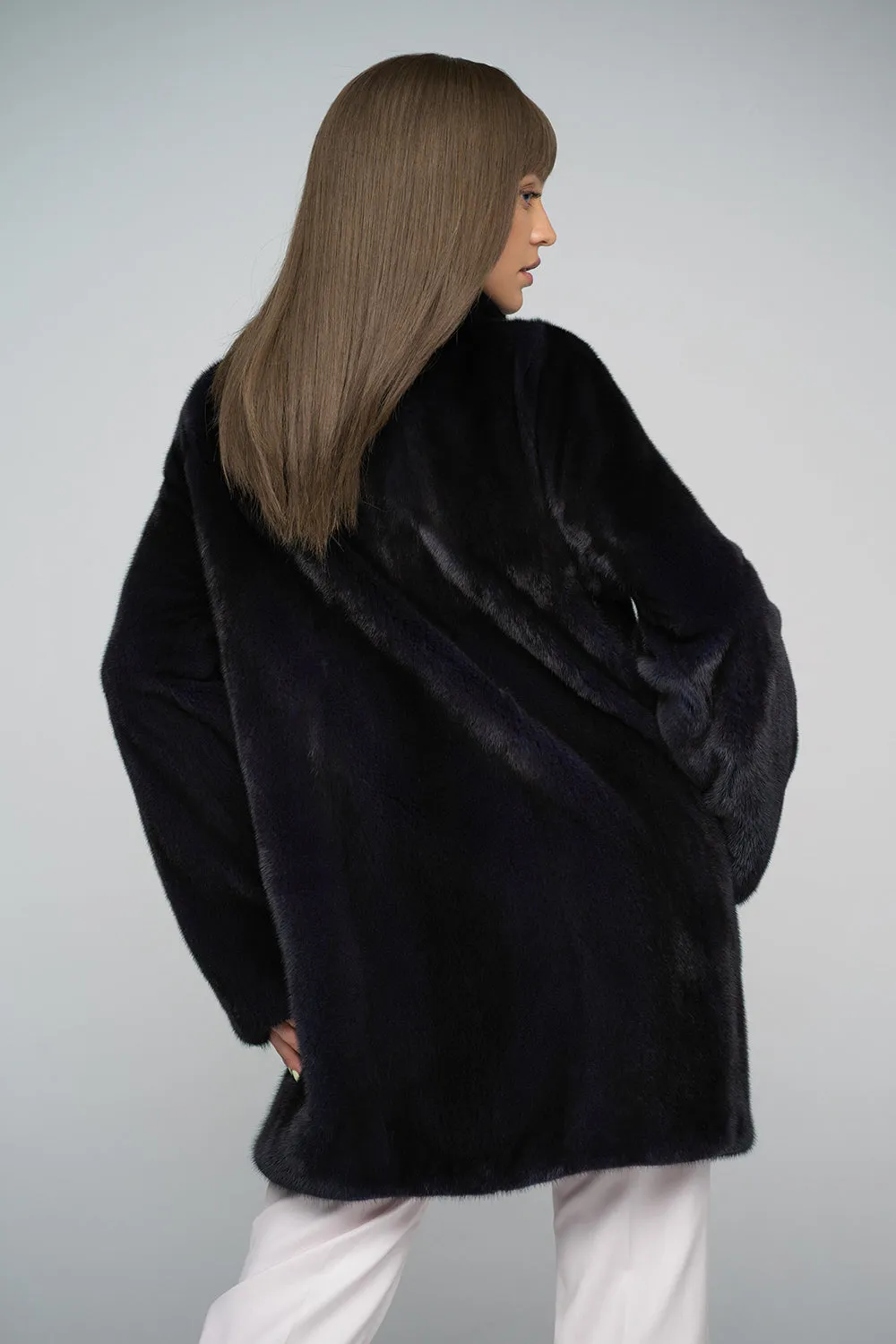 Navy Blue Genuine Mink Fur Midi Coat