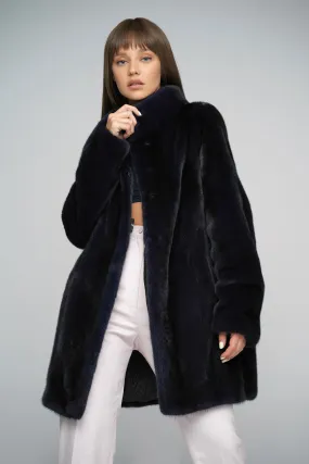 Navy Blue Genuine Mink Fur Midi Coat