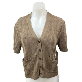 NEW Argent Brown Cable Knit V-neck Button Up Short Sleeve Pockets Sweater Top S