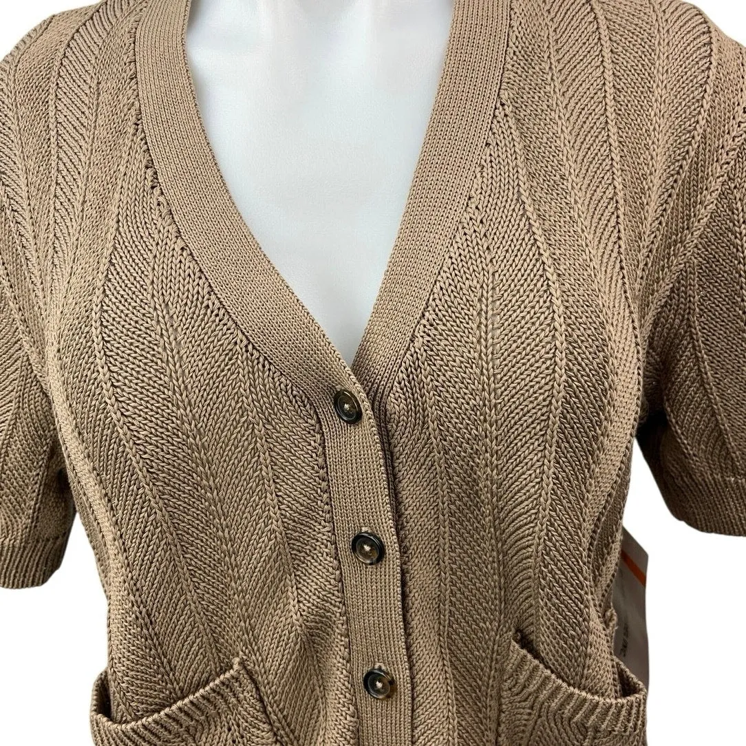 NEW Argent Brown Cable Knit V-neck Button Up Short Sleeve Pockets Sweater Top S