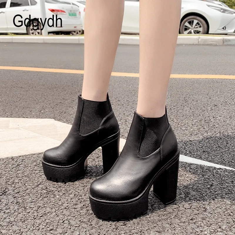 New Black Leather Boots Spring Autumn Basic Solid Color Ladies High Heeled Shoes Platform Square Heel Model Party