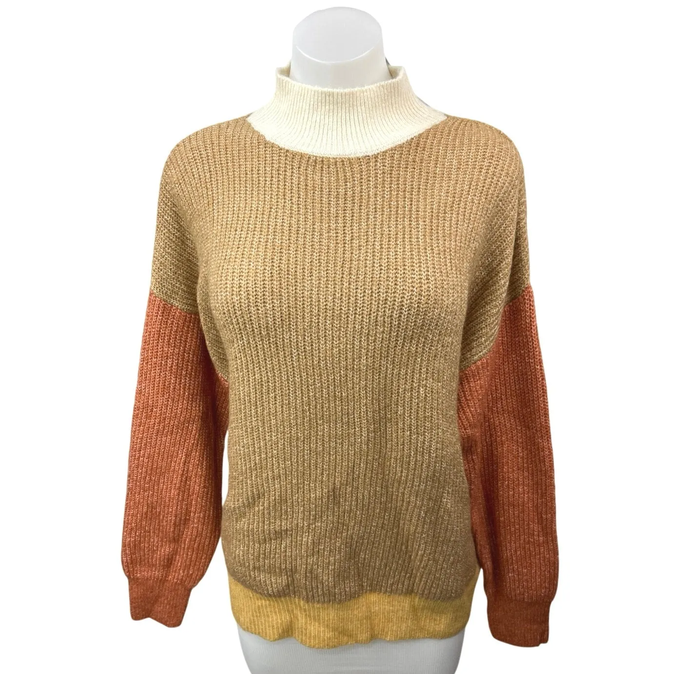 NEW Primark Brown Tan Colorblock Mock Neck Chunky Knit Pullover Sweater Top L