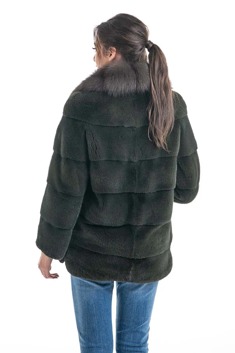 Olive Genuine Mink Fur Coat with Marten Fur Collar