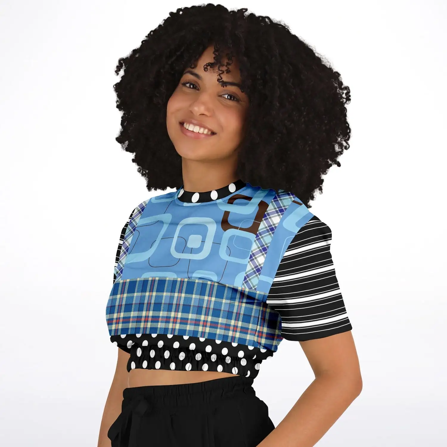 Pacific Palisades Blue Patchwork Short Sleeve Cropped Eco-Poly Sweater