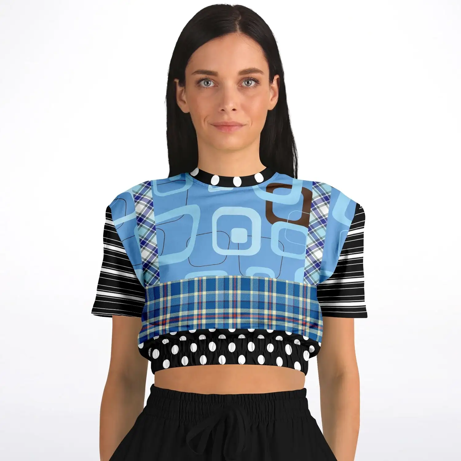 Pacific Palisades Blue Patchwork Short Sleeve Cropped Eco-Poly Sweater