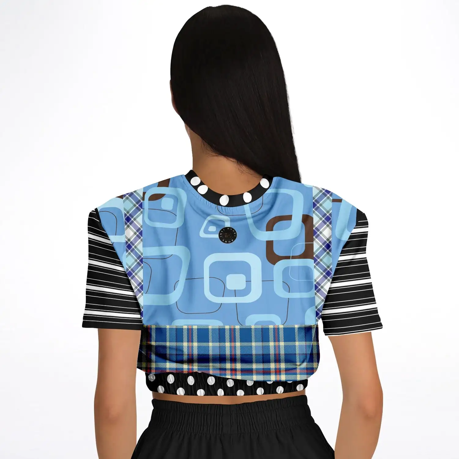 Pacific Palisades Blue Patchwork Short Sleeve Cropped Eco-Poly Sweater