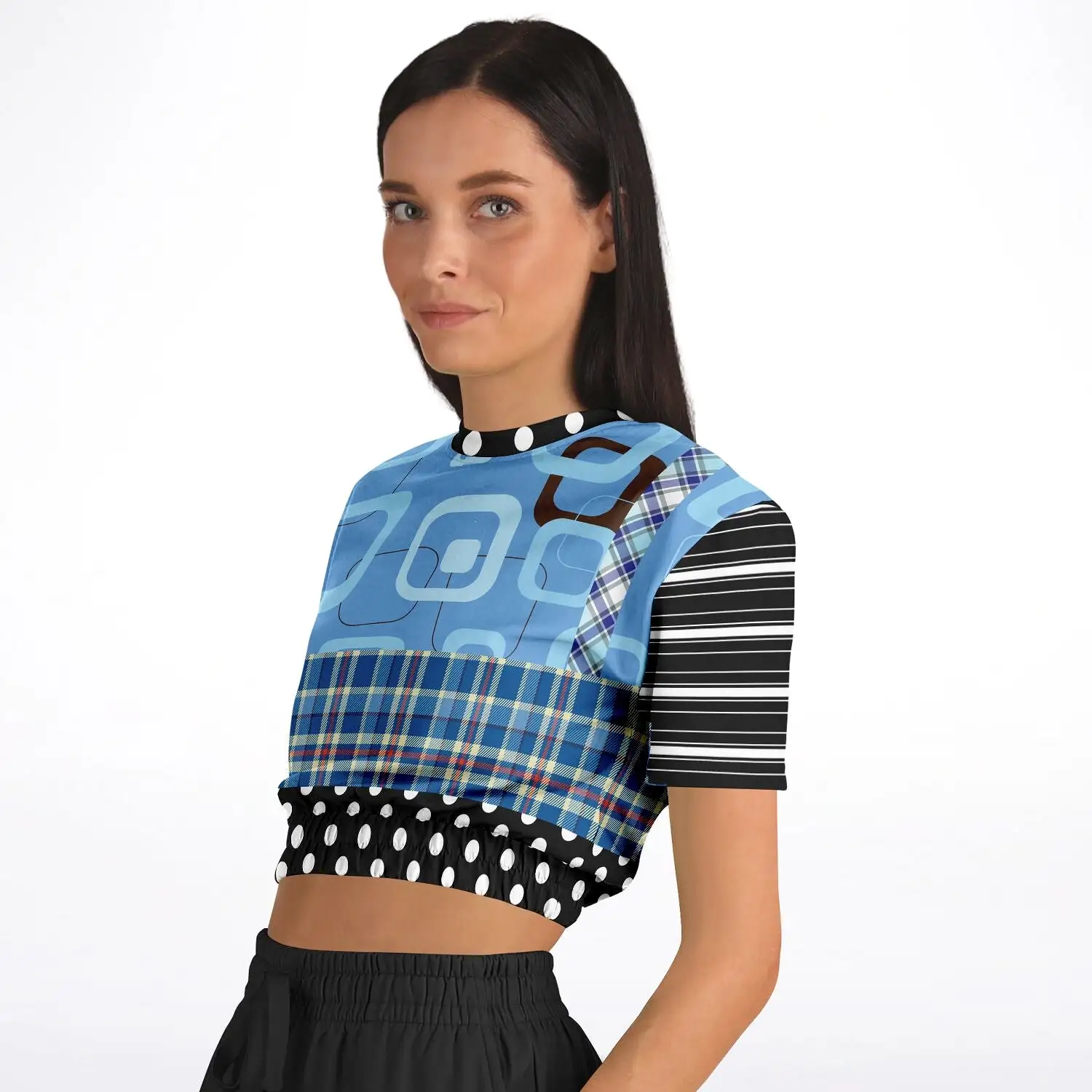 Pacific Palisades Blue Patchwork Short Sleeve Cropped Eco-Poly Sweater