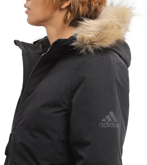 Parka de mujer adidas con capucha y borde de pelo extraíble chaqueta de invierno reciclada IJ8260 negro