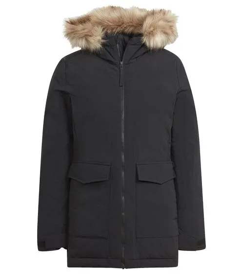 Parka de mujer adidas con capucha y borde de pelo extraíble chaqueta de invierno reciclada IJ8260 negro