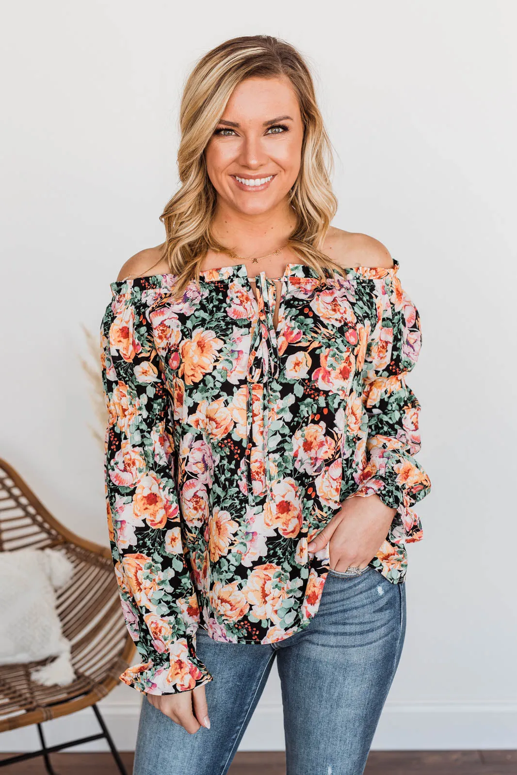 Peak My Interest Floral Off The Shoulder Top- Black