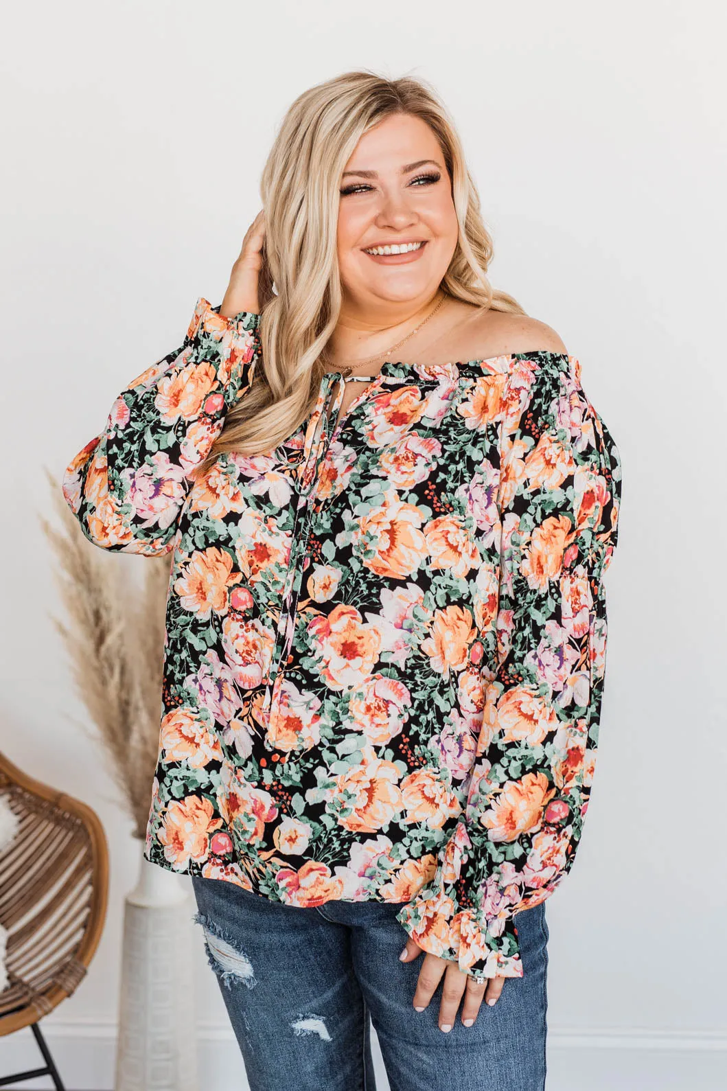 Peak My Interest Floral Off The Shoulder Top- Black