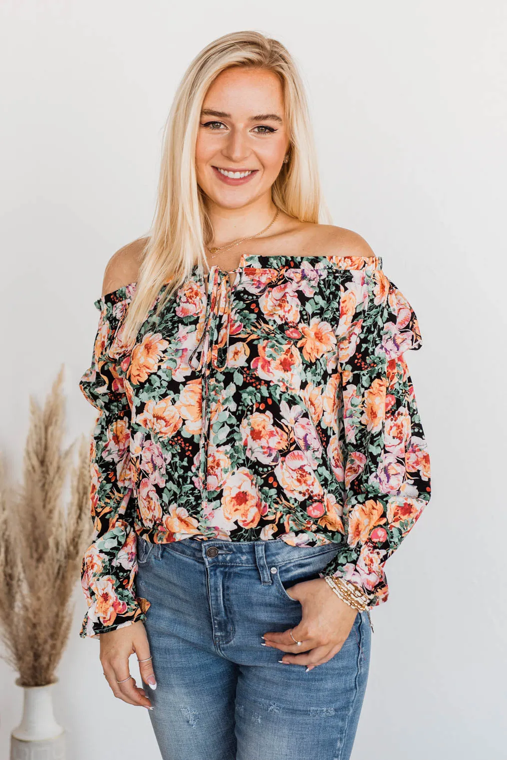 Peak My Interest Floral Off The Shoulder Top- Black