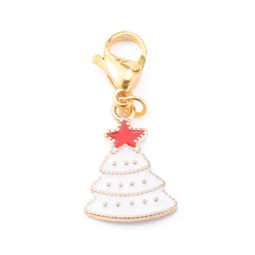 Pendants, Christmas Tree with Star And 304 Stainless Steel Lobster Clasp, Gold Plated, Single-Sided, Red, White, Enamel, 39mm