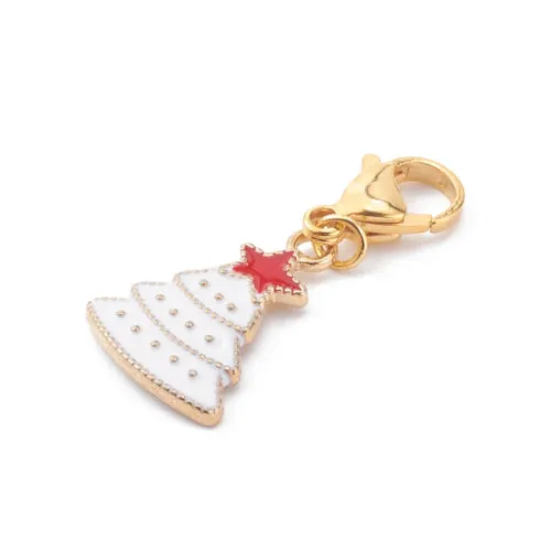 Pendants, Christmas Tree with Star And 304 Stainless Steel Lobster Clasp, Gold Plated, Single-Sided, Red, White, Enamel, 39mm