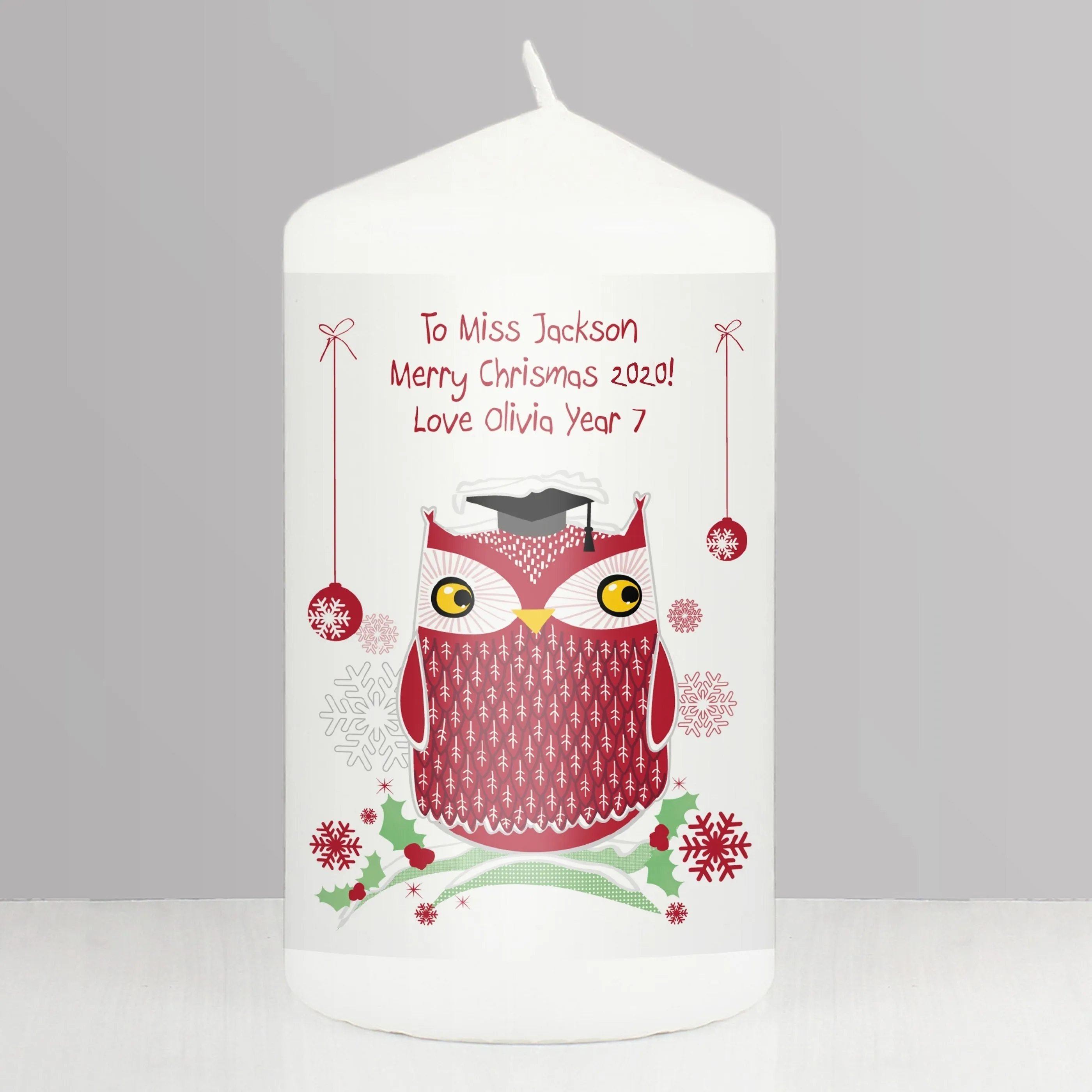 Personalised Christmas Owl Teacher Pillar Candle