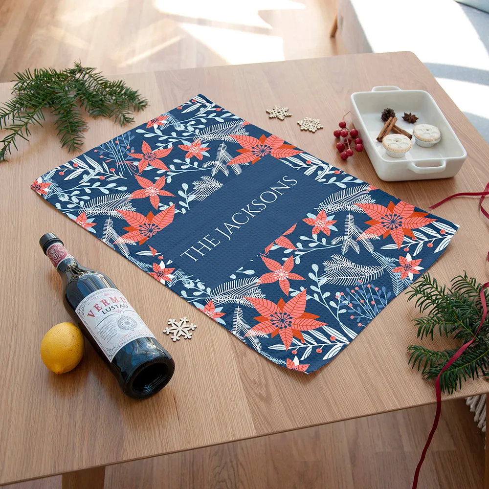 Personalised Christmas Red Floral Wallpaper Tea Towel