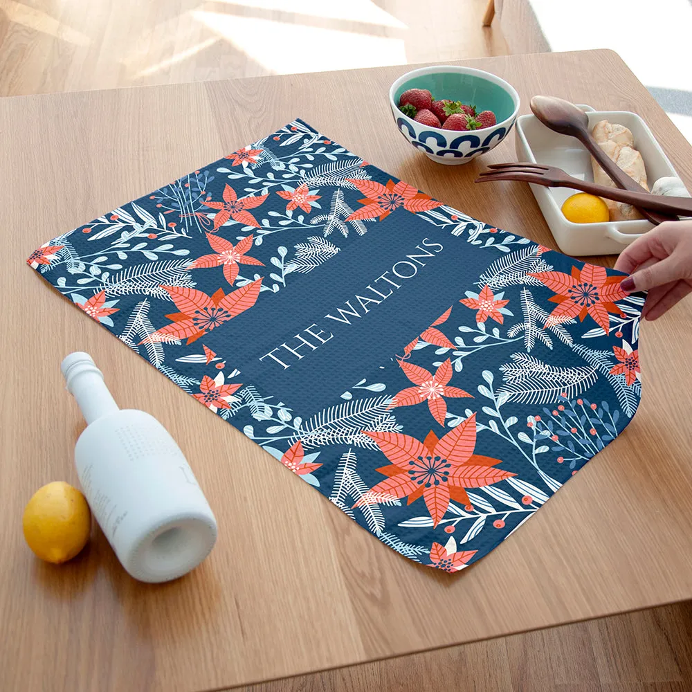 Personalised Christmas Red Floral Wallpaper Tea Towel