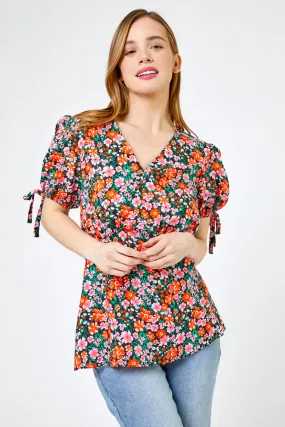 Petite Floral Print V Neck Top in Red | Roman UK