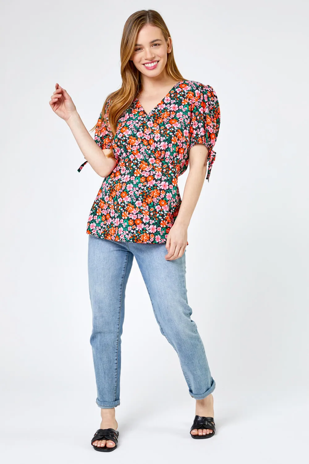 Petite Floral Print V Neck Top in Red | Roman UK