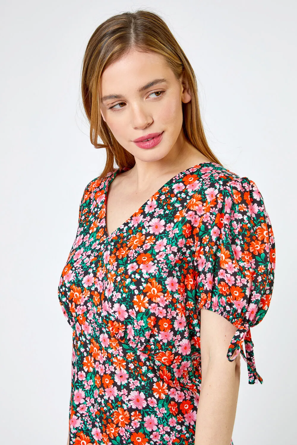 Petite Floral Print V Neck Top in Red | Roman UK