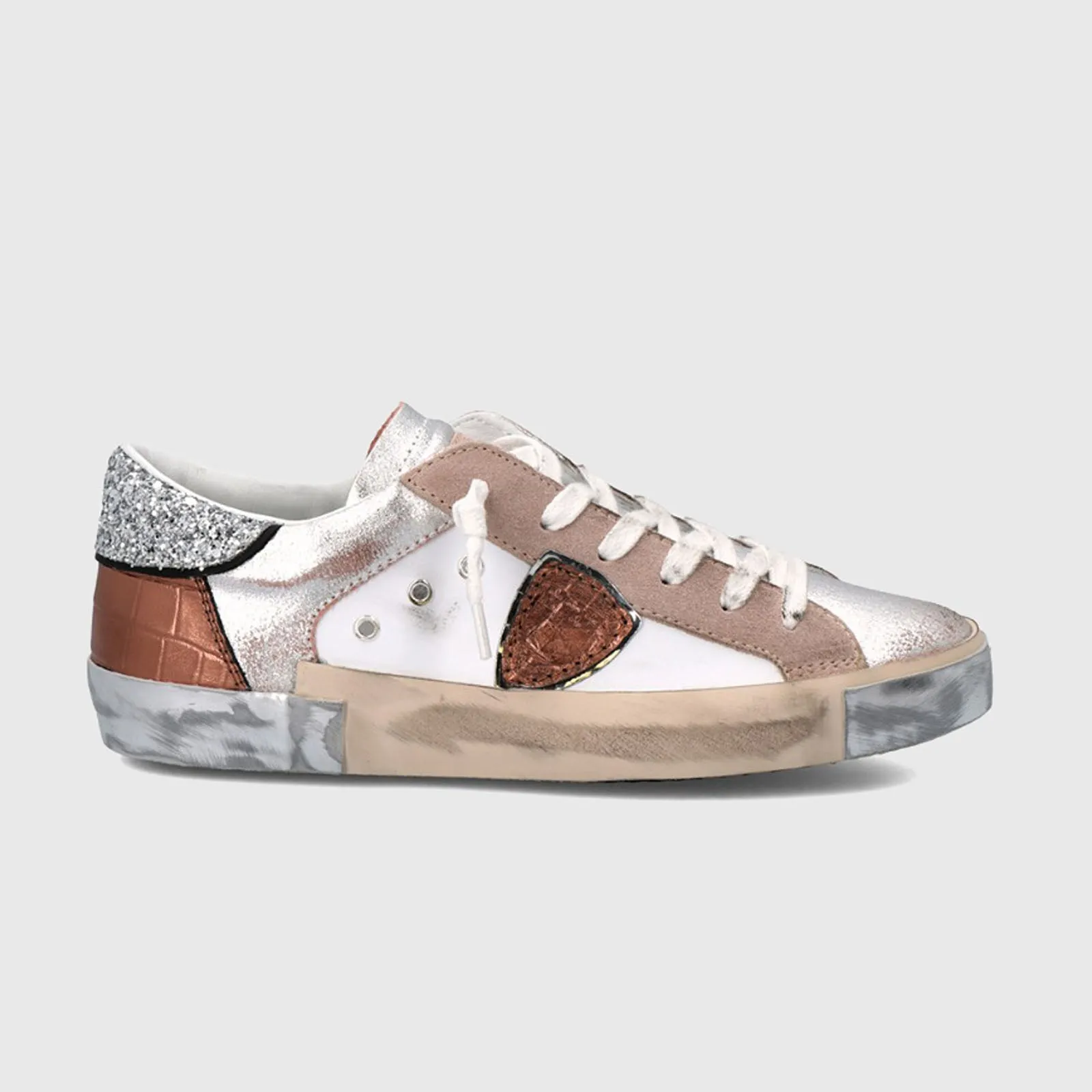 Philippe Model Sneakers PRSX Veau Croco Glitter, Pelle Bianco/Rosa