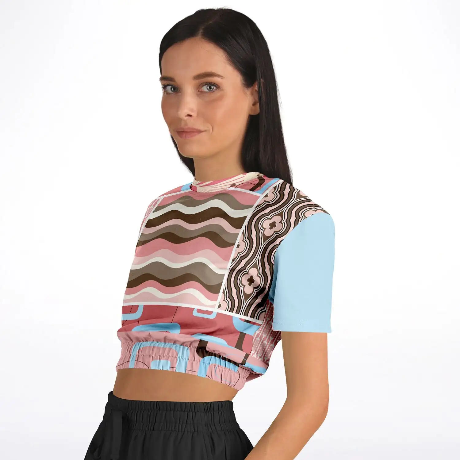 Pink Geo Retro Striped Short Sleeve Cropped Eco-Poly Sweater