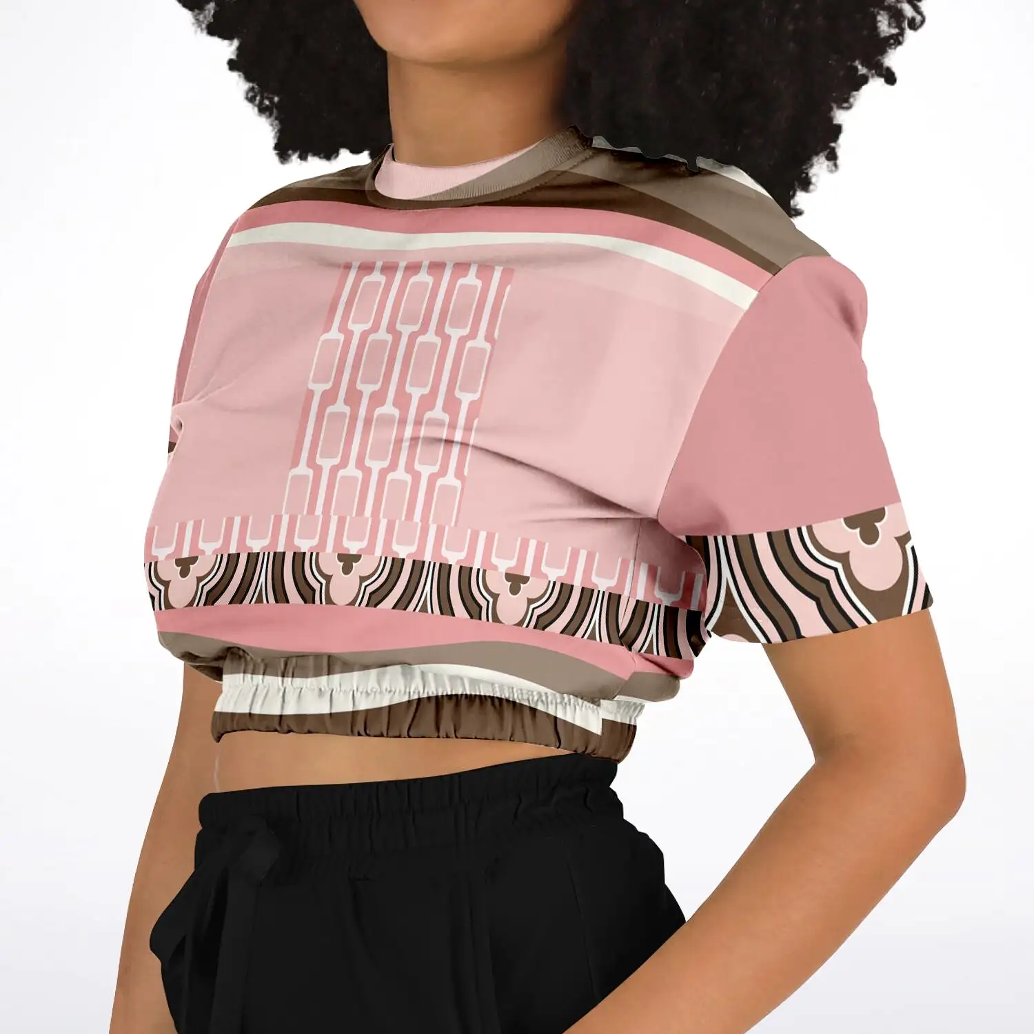 Pink Geo Zebra Short Sleeve Cropped Eco-Poly Sweater