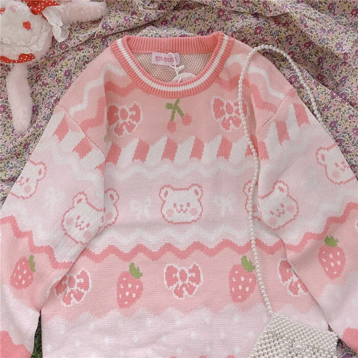 Pink strawberry & bear sweater by6214