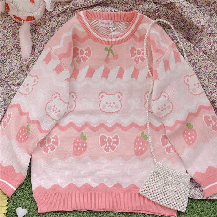 Pink strawberry & bear sweater by6214