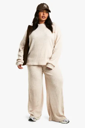 Plus Soft Ribbed Sweater And Wide Leg Pants Two-Piece