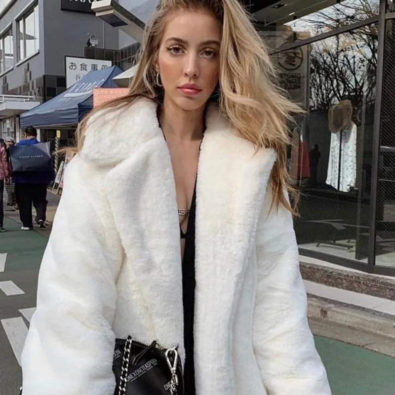 Plush Faux Rabbit Fur Coat with Loose Lapel