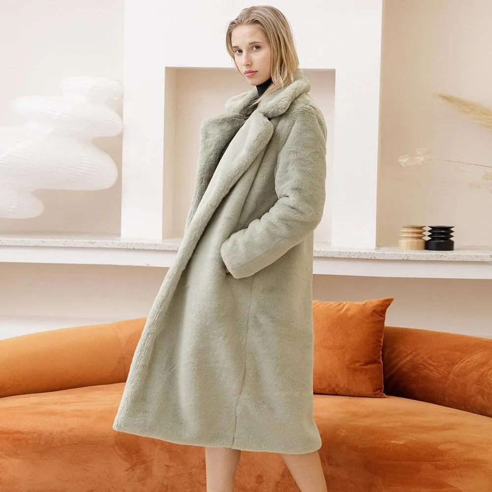 Plush Faux Rabbit Fur Coat with Loose Lapel