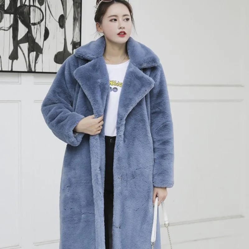 Plush Faux Rabbit Fur Coat with Loose Lapel