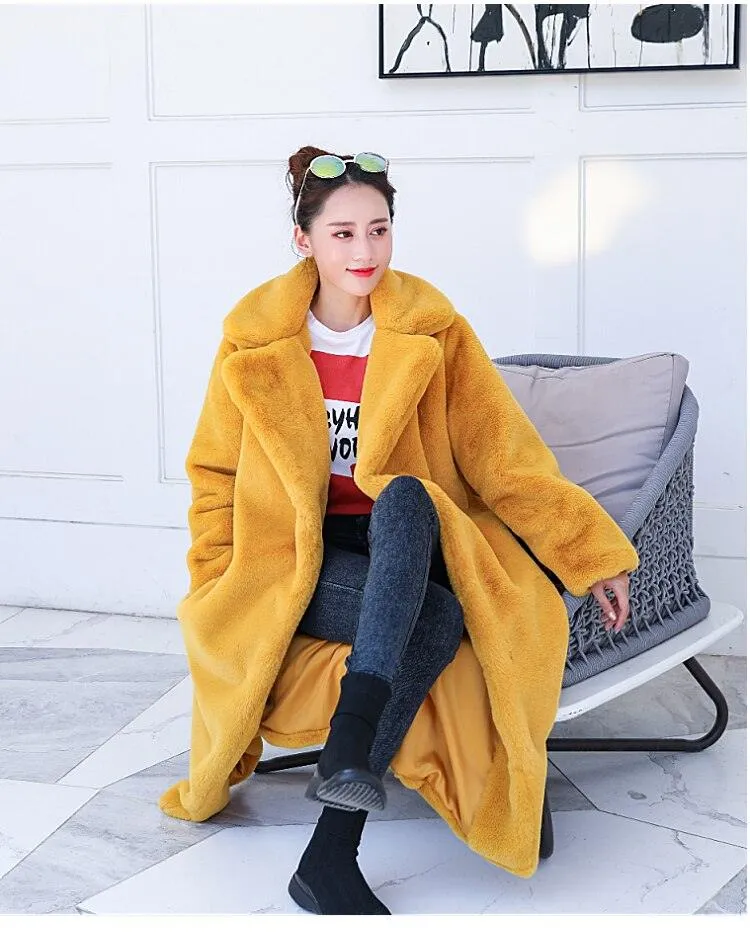 Plush Faux Rabbit Fur Coat with Loose Lapel