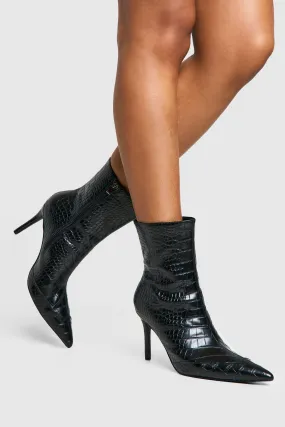 Pointed Toe Croc Detail Heeled Ankle Boot