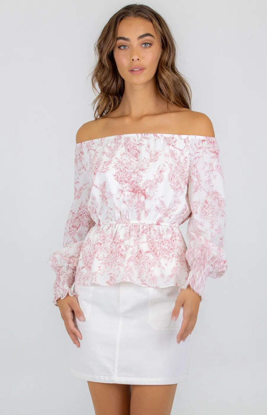 Printed Off the Shoulder Top with Elastic Waist (STO420-2A)